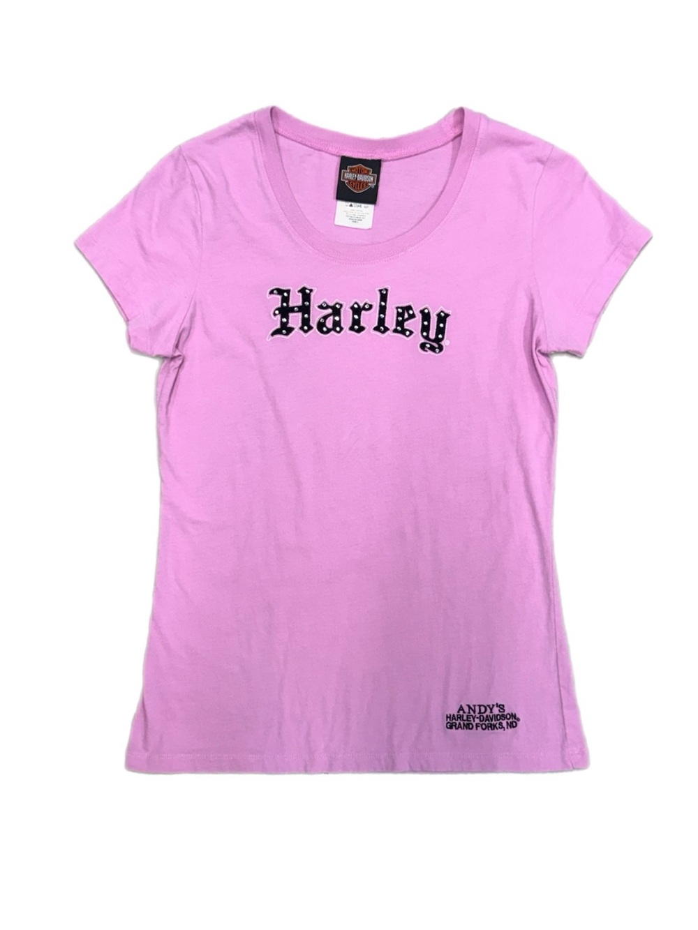 Y2K Harley Davidson Pink Rhinestone Andy’s Grand Forks ND Tee